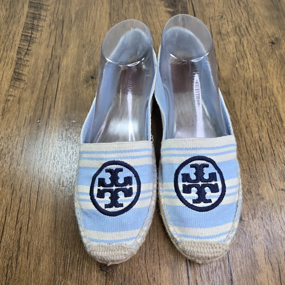 Tory Burch Striped Cream Blue Double T Espadrille Flats